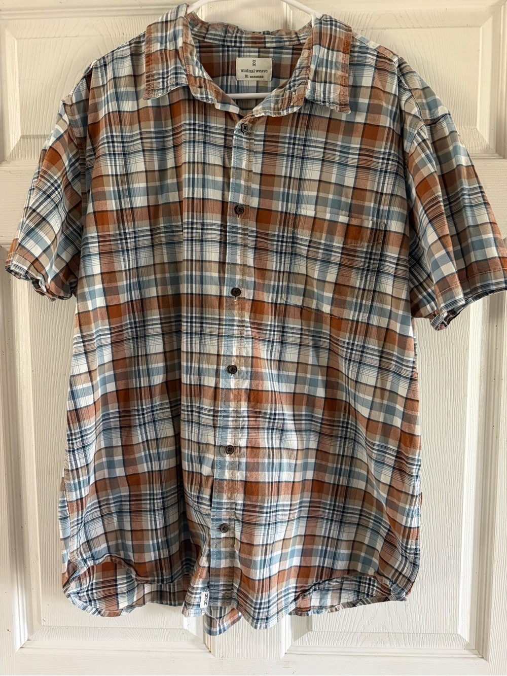 Mutual Weave Men's Casual Short-Sleeve Plaid Button-Down Shirt — Blue & Brown
